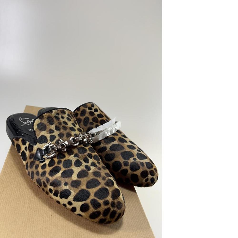 Coolito Swing Pony Fur Spike Buckle Leopard Mules Slide Flats E300